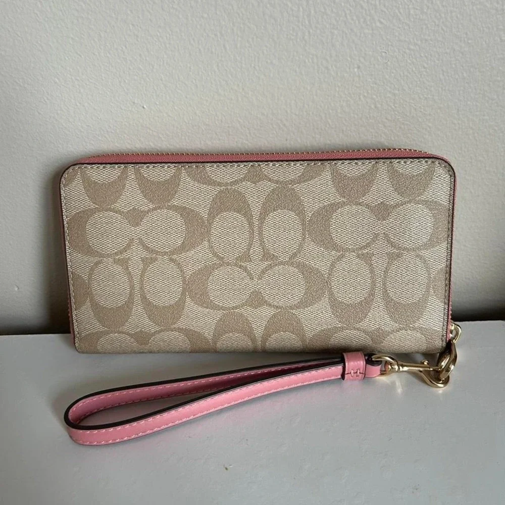 Coach‎ Signature Long Zip Around Wallet Khaki Pink Canvas New C4452